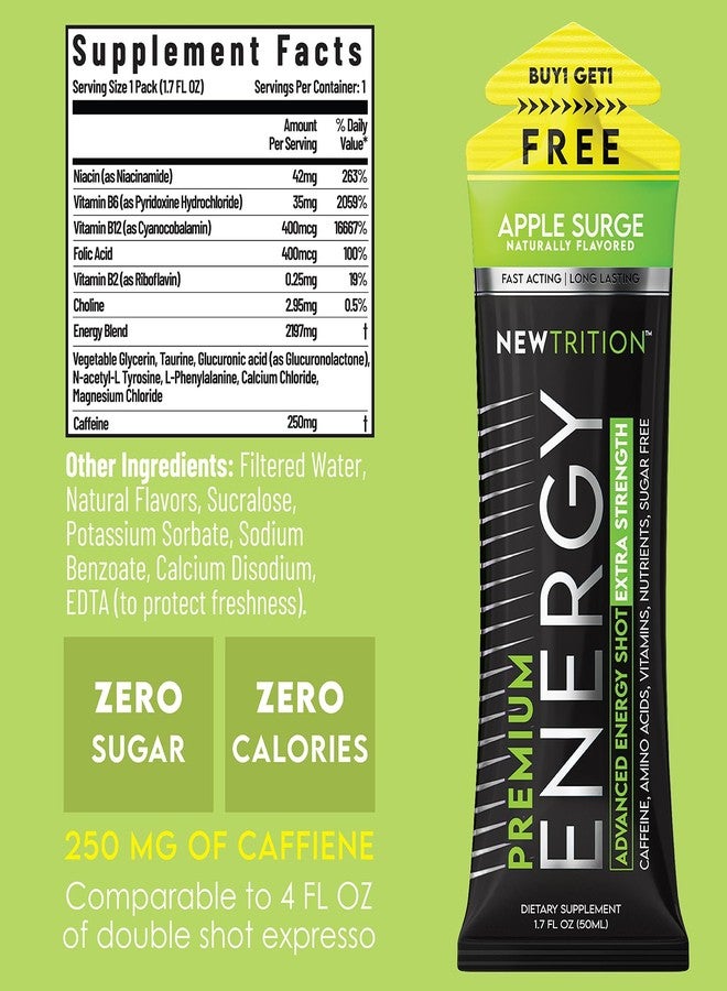 NewTrition® Extra Strength Energy Shots 1.7 fl oz (Pack of 6, Apple Surge flavor) - 250mg Caffeine with Vitamin B & Amino Acids, Sugar-Free, Zero Calorie Vitamin Energy Drink for Focus & Endurance - Image 4